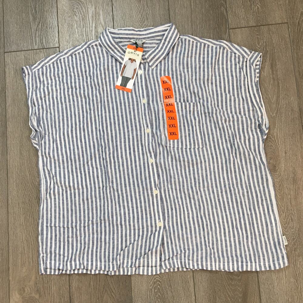 NWT Orvis Linen Blend Blue & White Stripe Button Down Cap Sleeve Size XXL Women